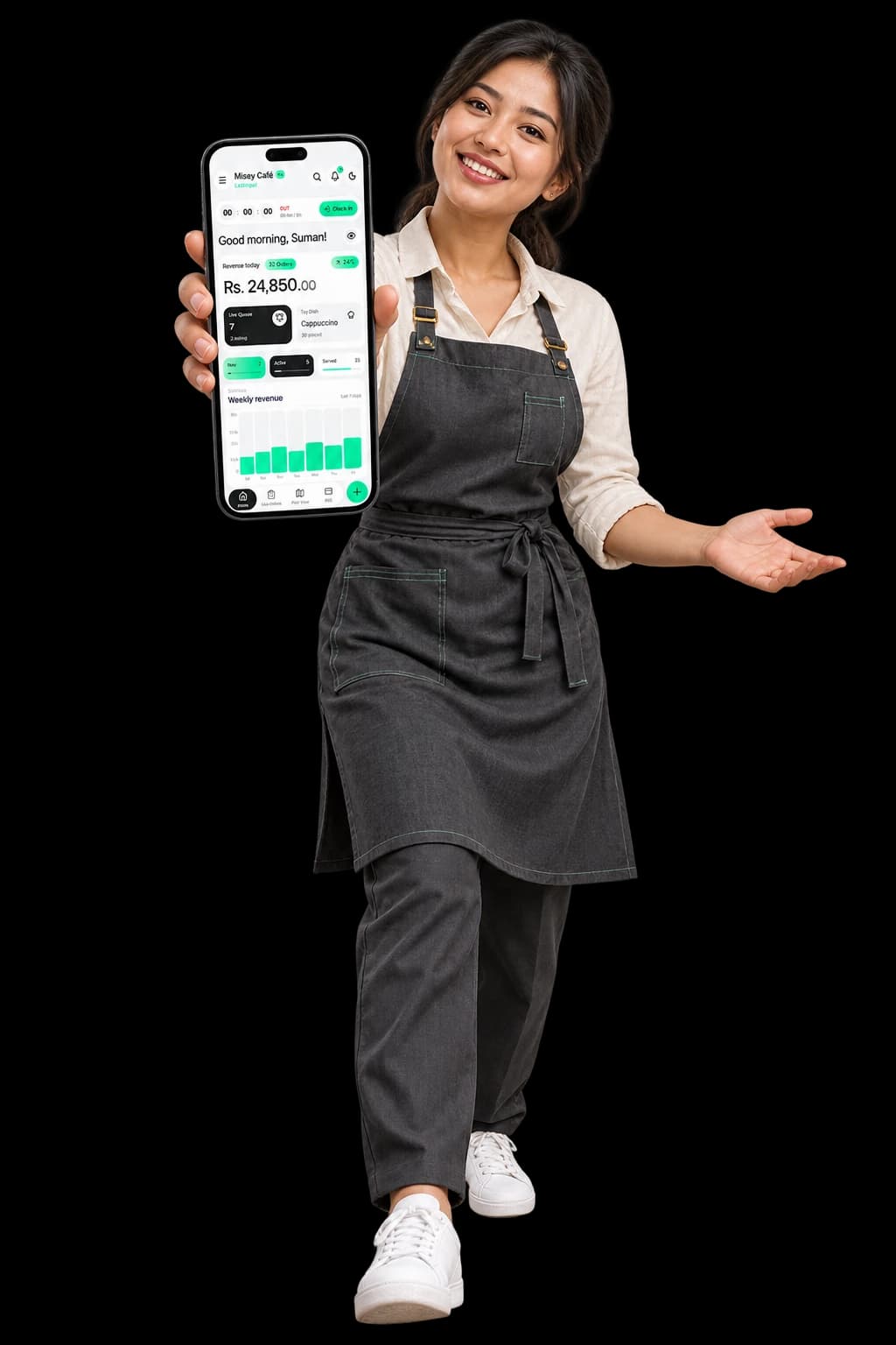 Illustrative restaurant owner in an apron presenting Misey's restaurant app on her phone