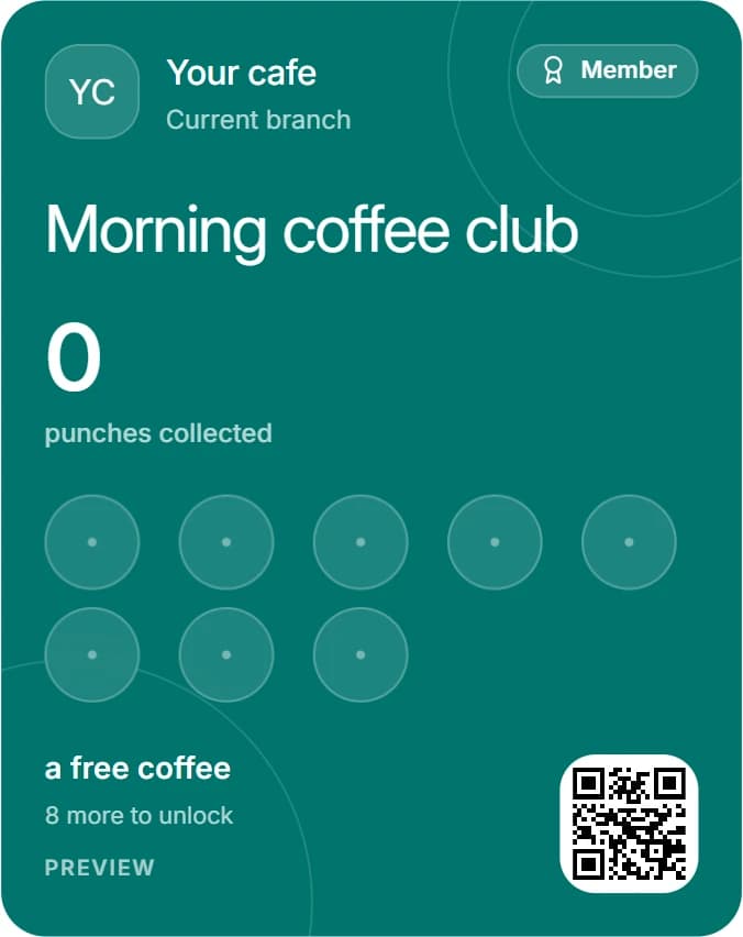 Complete coffee loyalty card from the Misey AI workspace, showing eight reward stamps and a guest QR code