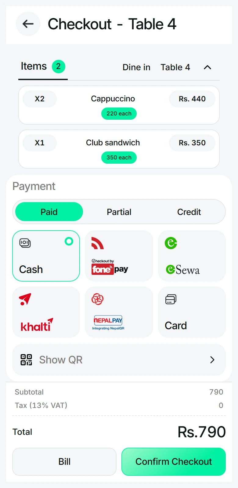 Misey Table 4 checkout with two cappuccinos, a club sandwich, a Rs. 790 total and all six payment methods: Cash, Fonepay, eSewa, Khalti, Nepal Pay and card