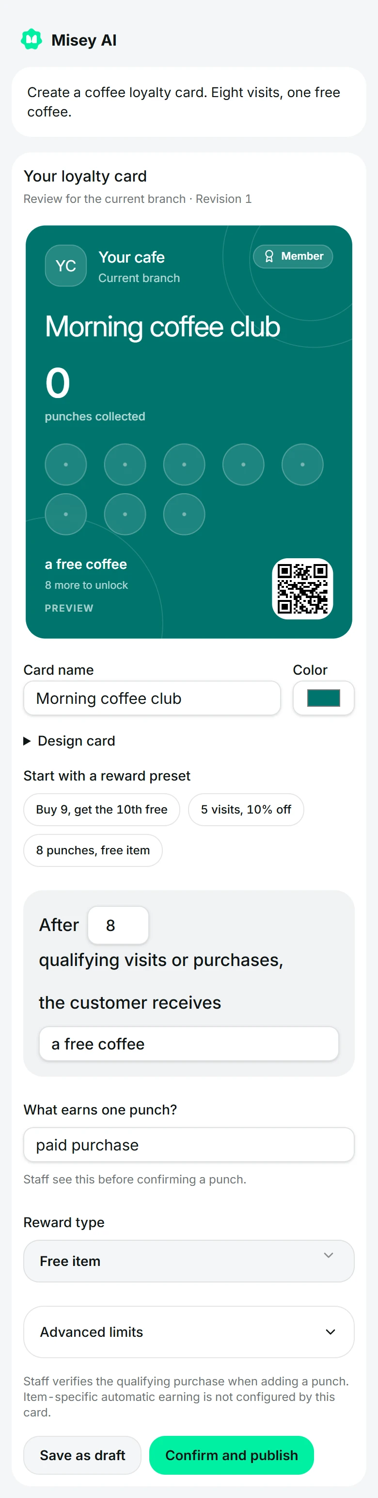 Misey AI loyalty editor with a coffee reward card awaiting review